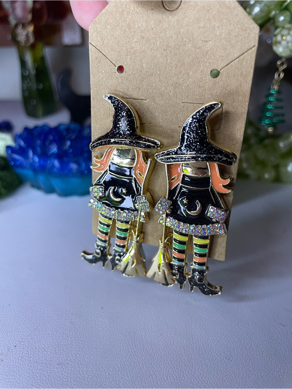 Whimsical Witch Dangle Earrings in Black, Orange & Green